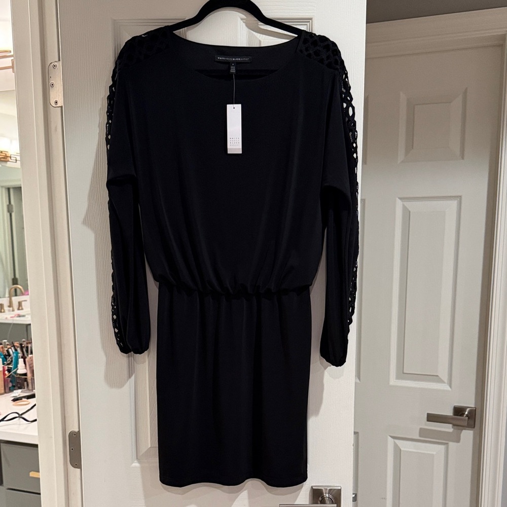 White House Black Market Elegant Black Dress with Lace Sleeves
